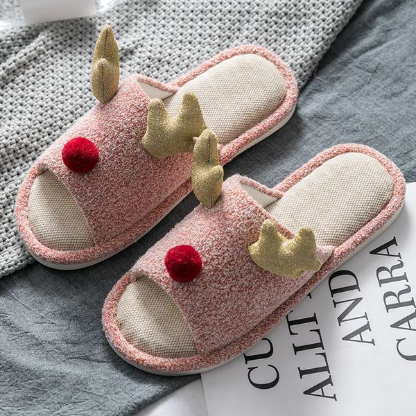 

tzldn 2020 women summer slippers soft flax indoor home flip flops open toe sandals ladies flat casual cartoon antlers shoes, Black