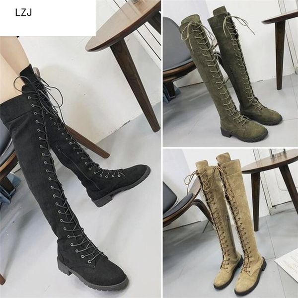

lzj lace up over knee boots women rome boots women woman suede long botas mujer invierno 2019 winter thigh high, Black