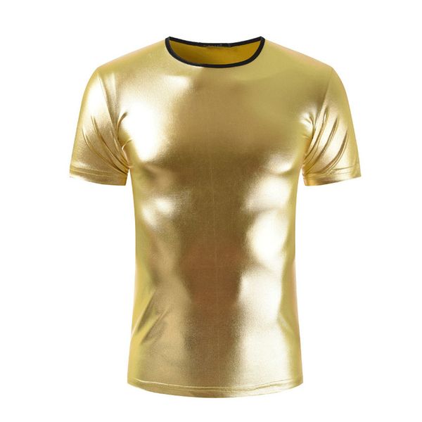 

2019 men's tees solid color glossy pu shirt round neck short sleeve slim fit men, White;black