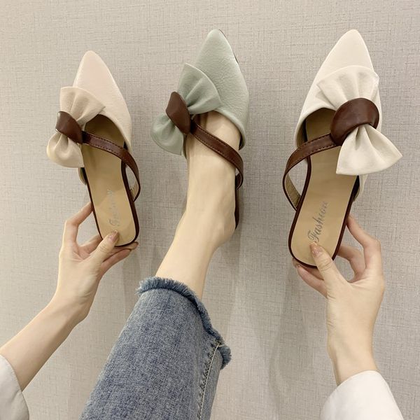

low pointed toe female shoes slippers flat slides butterfly-knot shose women soft 2020 cover rubber hoof heels, Black