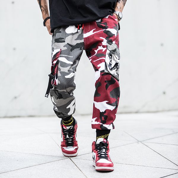 

autumn mens fashion splice joggers pants camo pants cargo men camo mens trousers us size m-xxl, Black