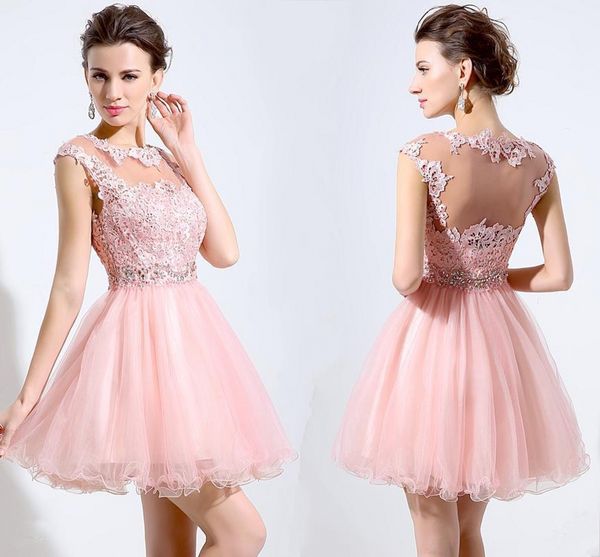 

new crew neck lace knee length homecoming dresses organza lace applique beaded meat pink short party evening gowns, Blue;pink