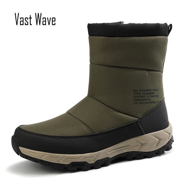 

vastwave waterproof design man winter snow boots for men shoes warm short plush comfort slip on ankle boots footwear, Black