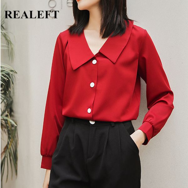 

realeft осень элегантный корейский стиль с длинным рукавом стиль красная блузка женский шифон v-образным вырезом женщины свободные блузки 20, White