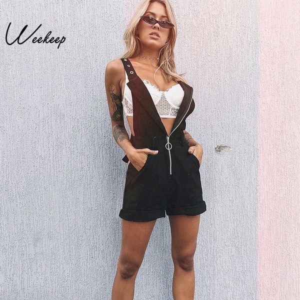 

weekeep black high street playsuits women zipper split rompers womens jumpsuits 2019 fashion combinaison pantalon femme, Black;white