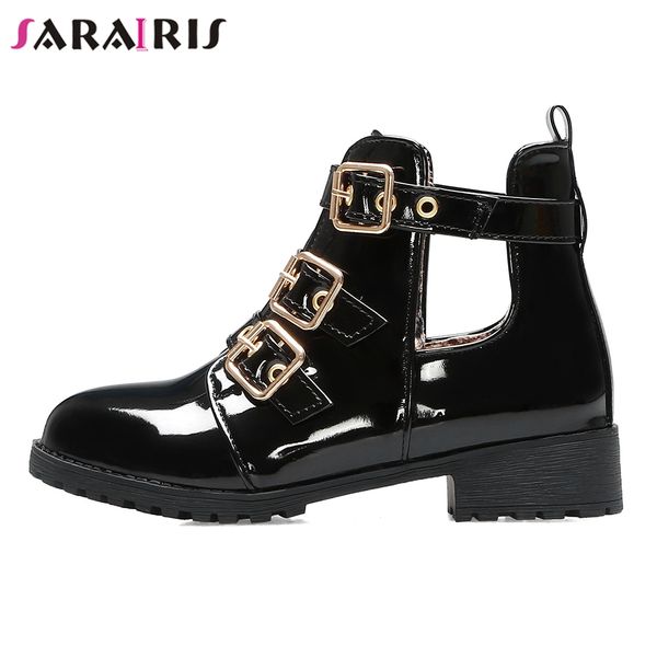 

sarairis plus size 33-46 new fashion 2019 ankle boots women shoes woman chunky heels buckles shoes woman boots, Black