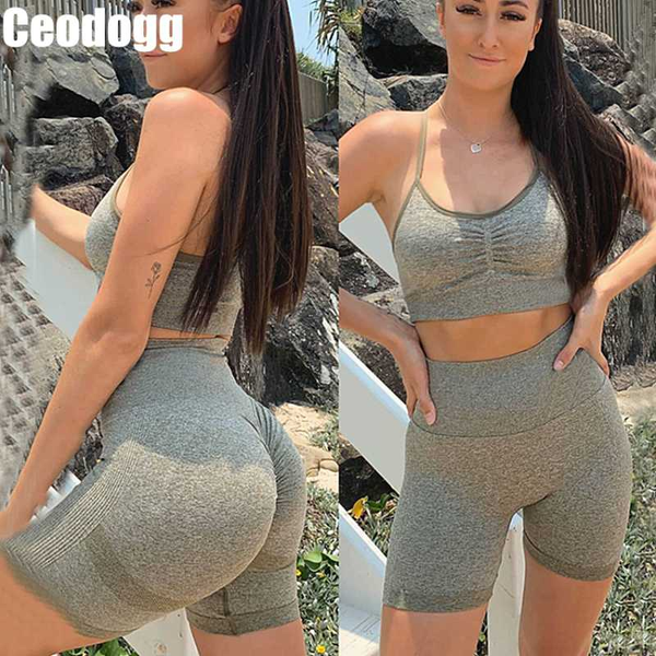 

pad yoga sets fitness sports clothes women seamless long sleeve gym crop legging suit high waist pant workout shorts bra set, White;red