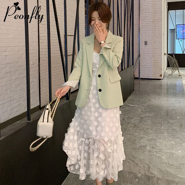 

peonfly fashion 2019 autumn winter blazer women single breasted solid color casual long sleeve pocket slim jacket femme, White;black