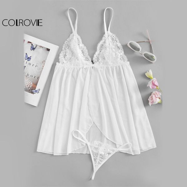 

colrovie contrast lace slip dress with t-back thong girls white plain nightgowns women summer sleepwear, Black;red
