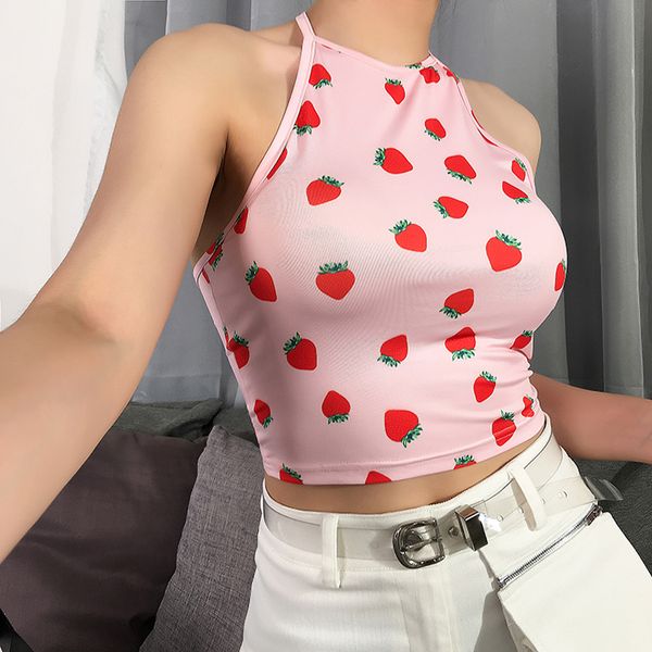 

women strawberry strap slim fit vest cami tank crop summer shirt blouse, White