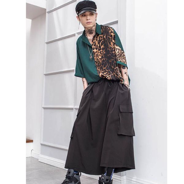 

spring and summer new dark hair stylist big pocket overalls men's harem pants feet pants wide leg skirt, Black
