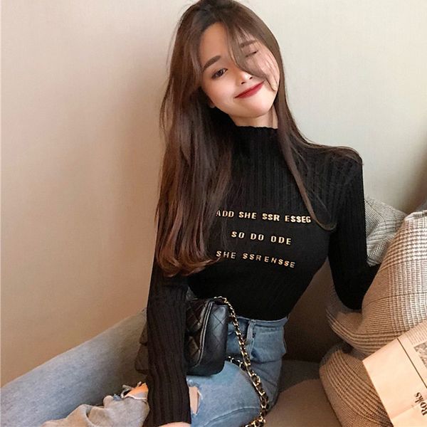 

autumn winter 2019 new women sweater korean slim knitwear long sleeve pullover sweater turtleneck basic knitted shirts y8, White;black
