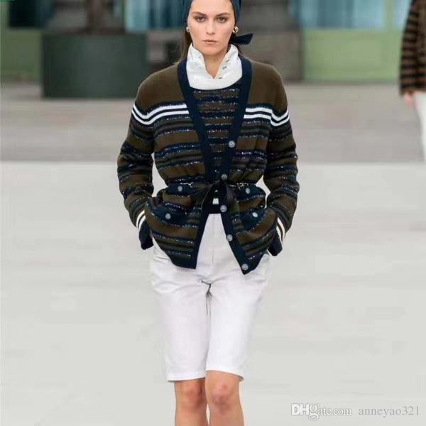 

2019 spring autumn milan runway sweater v neck long sleeve women's sweater high end striped jacquard cardigan women designer sweater 06, White;black