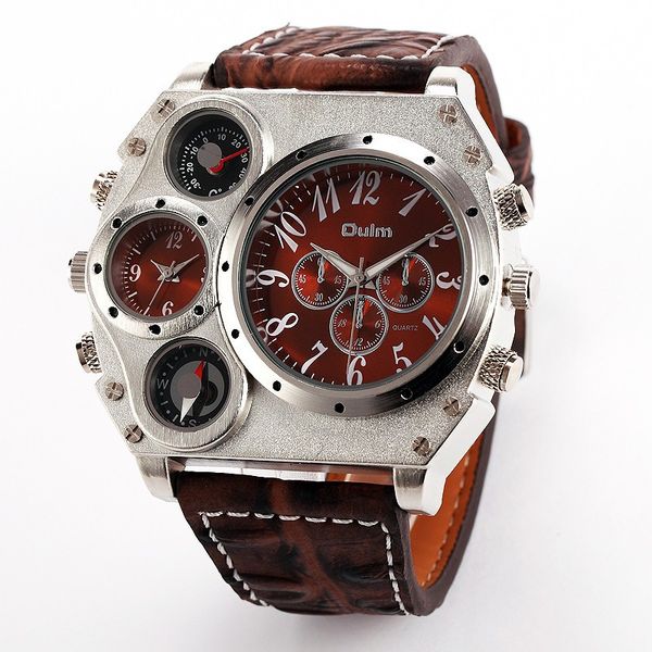 

oulm 1349 reloj hombre men dual movement sports watch with compass thermometer decoration male clock relogio masculino, Slivery;brown