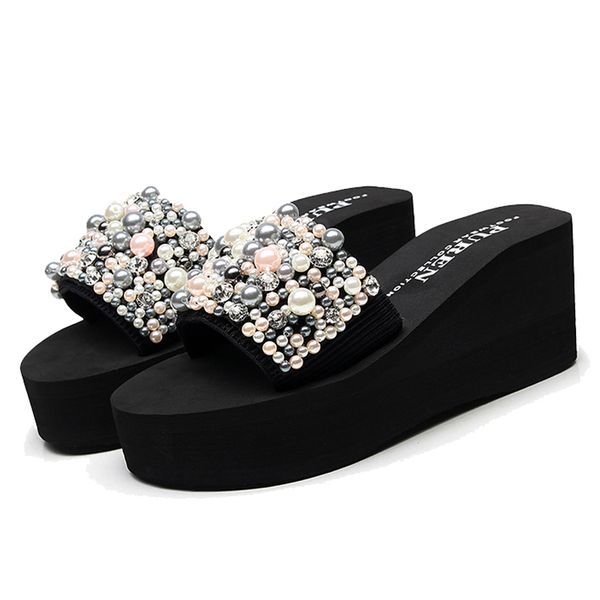 

litthing pearls slides women sandals high heel slippers platform sandal shoes handmade bohemia crystal female outdoor shoes, Black