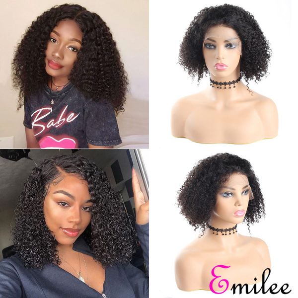 

emilee jerry curly wigs half lace human hair wigs with baby hair peruvian remy hair short curly bob wigs 10 inch, Black;brown