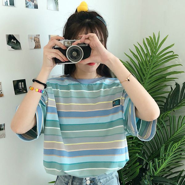 

women's t-shirt 2020 xia xin striped short-sleeved t-shirt women loose korean lazy top, White