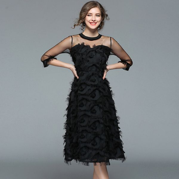 

black see through mesh feathers tunic dress elegant office party fashion dress tassel 3/4 sleeve 2019 spring clothing, Black;gray