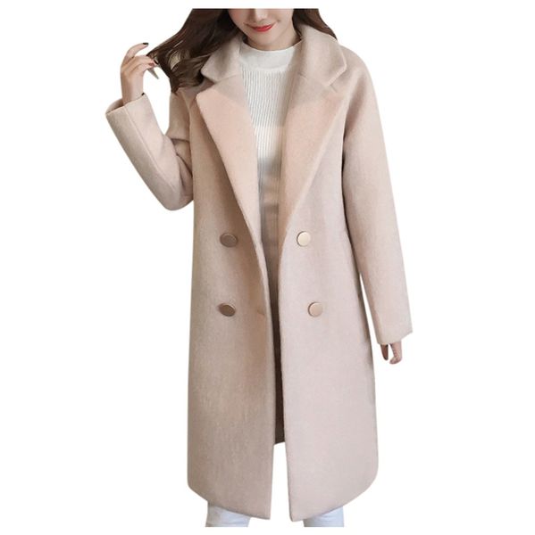 

woolen winter coat women solid long ladies wool coat overcoat double breasted noted abrigo mujer jacket d91005, Black