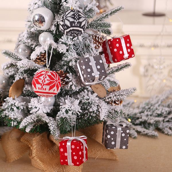 

6pcs/bag red gray cloth xmas gift box ball shape christmas l home xmas new year decor christmas tree pendants drop ornament