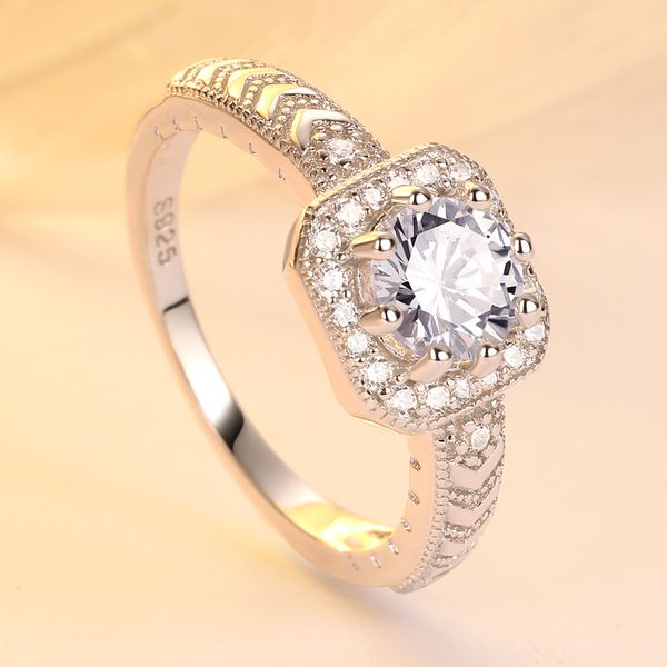 

925 sterling silver round brilliant ring with square pave clear cubic zirconia engagement wedding lovers party fashion ring for women