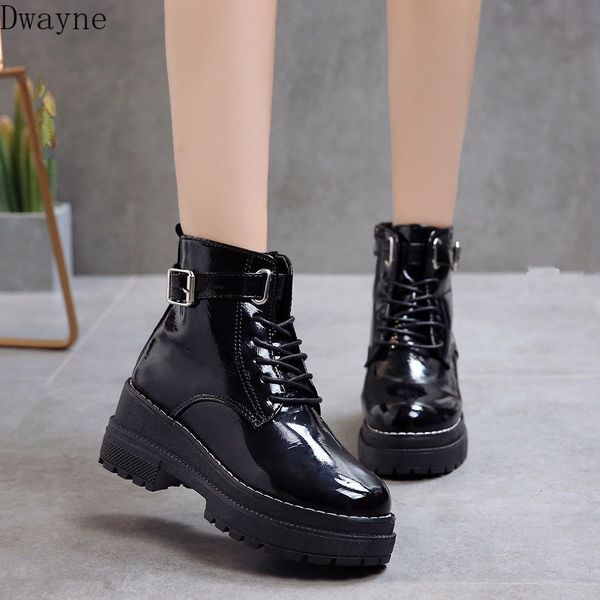 

bright leather boots thick bottom waterproof platform heel high upper shoes new autumn and winter shoes 2019, Black