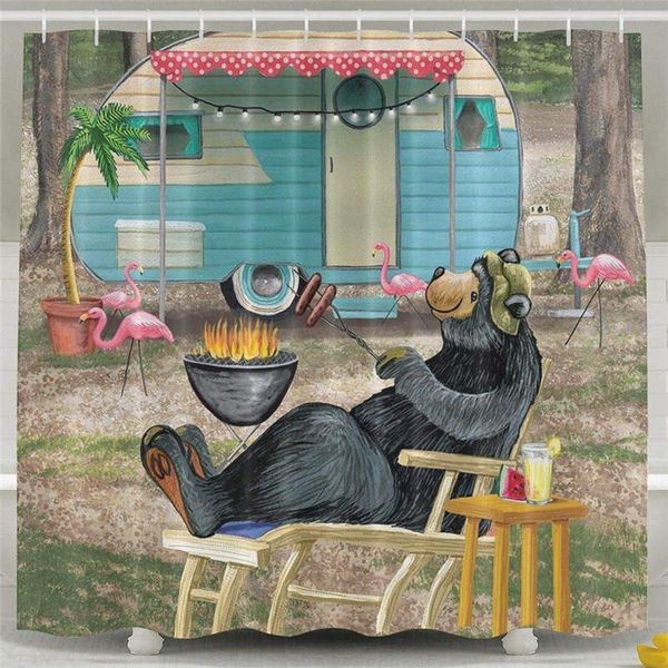 2019 Happy Camper Bear Bathroom Shower Curtain Set Waterproof