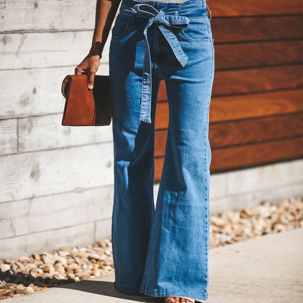 

women loose high waist wide leg jeans skinny slim flare denim jeans retro bell bottom stretch pants trousers, Blue
