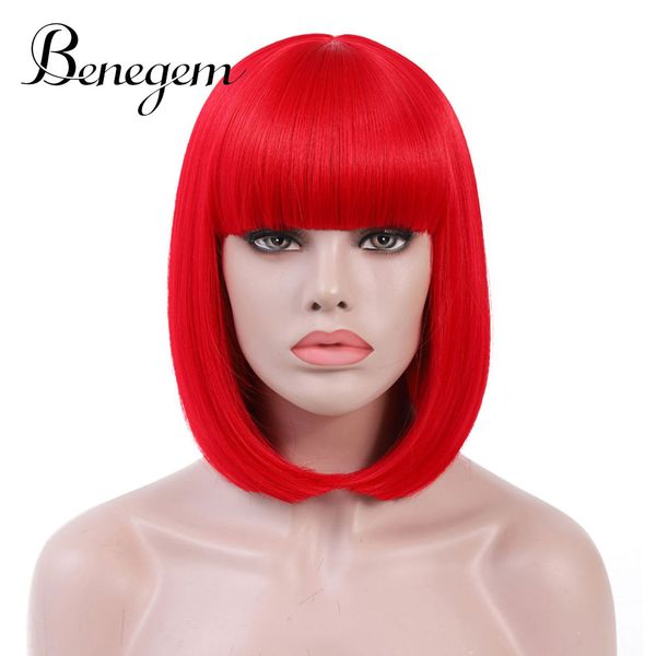 

benegem red bob wig with bangs 13 inch short straight non-lace synthetic cosplay costume party wigs for women 34 cm, Black