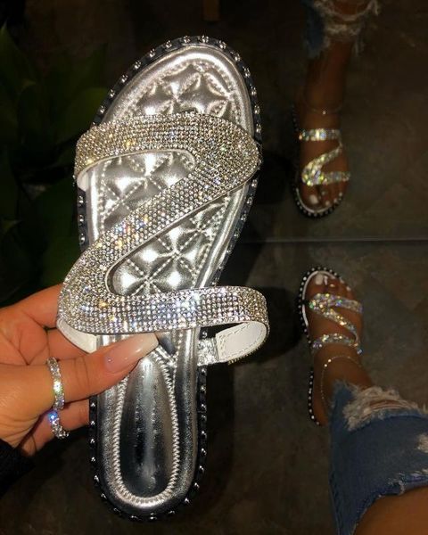 

slippers summer woman flat rhinestone transparent slides female open toe flip flops women's beach shoes silver golden, Black