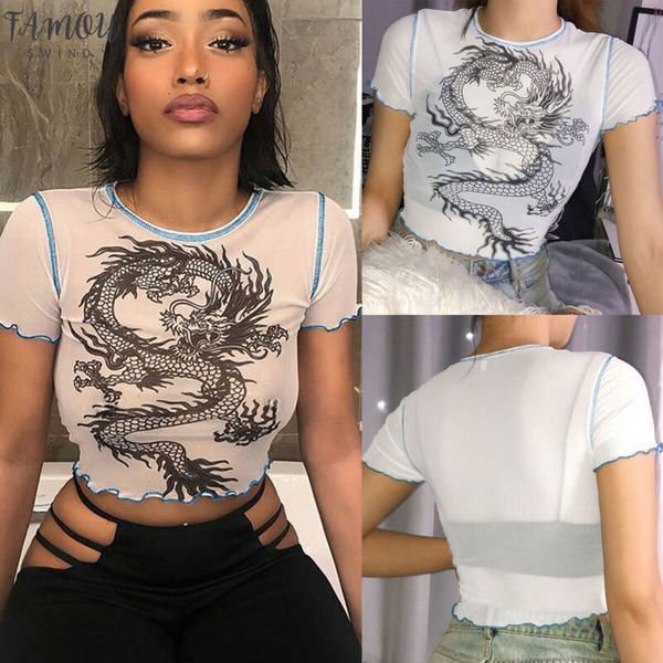 

summer womens ladies dragon print slim short sleeve t shirt o neck casual street tee letter shirts, White