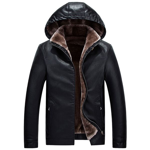 

2019 autumn winter new casual hooded leather coat men, Black