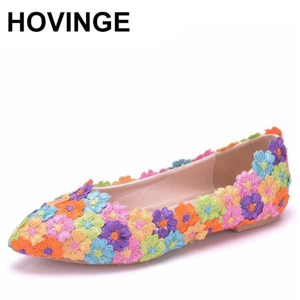 

hovinge new fashion low heel pointed toe flat shoes wedding party slip-on spring multicolor polyurethane leather lace flower wom, Black
