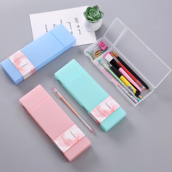 

simple pencil pens storage box stationery office supplies 4 colors transparent pencil case frosted plastic for kids