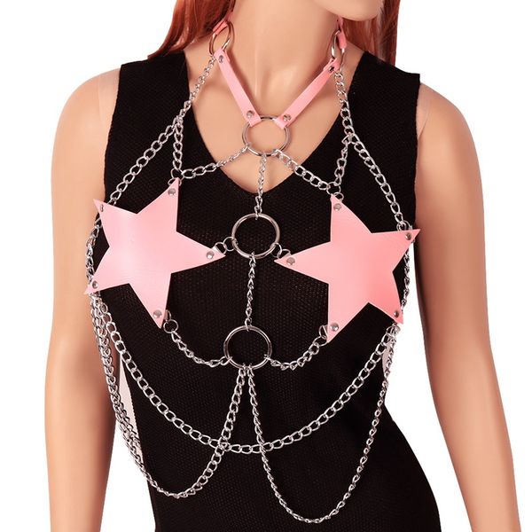 

pink pentagram leather bra body cage neck chest chain metal steampunk goth art dance party rave women harness lingerie adjust, Black;white
