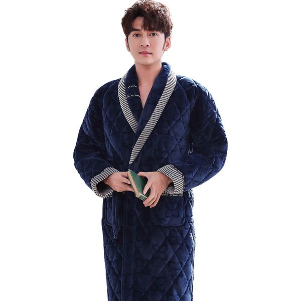 

men casual stripe splicing kimono bathrobe autumn winter flannel quilted long robe thick warm sleepwear plus size 3xl nightgown, Black;brown
