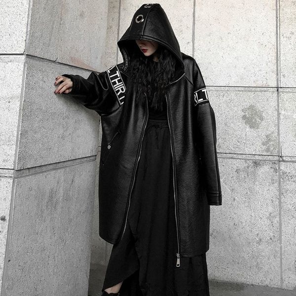 

korea 2020 new spring and winter fashion women clothes thickening zippers hooded full sleeves letters printed pu leather coat, Black