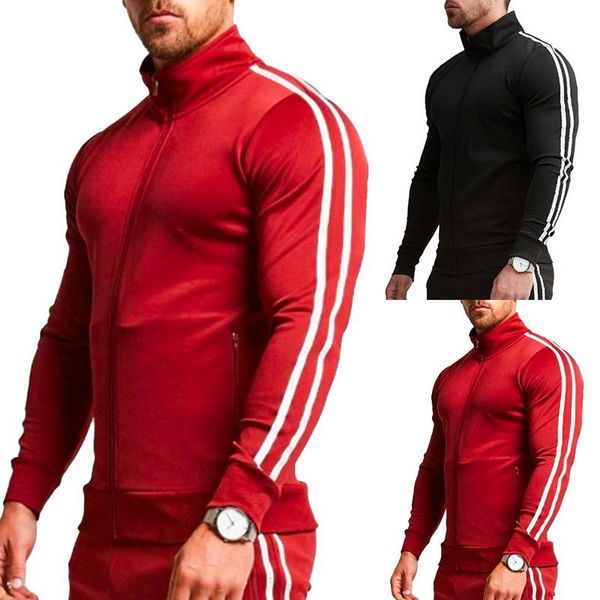 

autumn new brand jogging sweatshirts men sports fitness long sleeves striped zipper hoodies casual solid gym training, Black;brown
