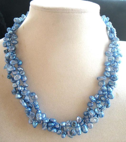 

3rows freshwater pearl blue baroque reborn keshi necklace 17inch fppj wholesale beads nature, Silver