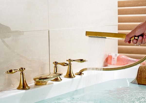 

luxury golden brass bathroom tub faucet deck mount sink mixer tap w hand shower