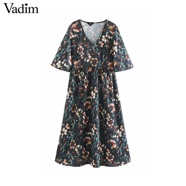 

vadim женщины шикарная цветочная миди платье v шеи три четверти рукав сторона молнии женской середины ретро теленок платье mujer qd252, Black;pink