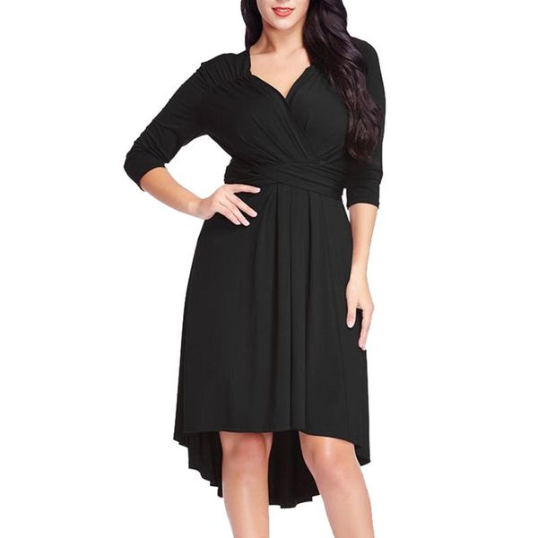 

2019 new fashion summer dress for womens casual plus size plus size 3/4 sleeve cross v neck solid dress short front long back, Black;gray