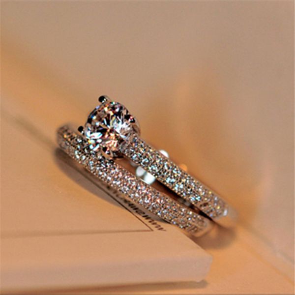 

new white gold plated micro zircon engagement rings for women lovers gifts fashion 925 silver solitaire 5mm crystal wedding ring sets