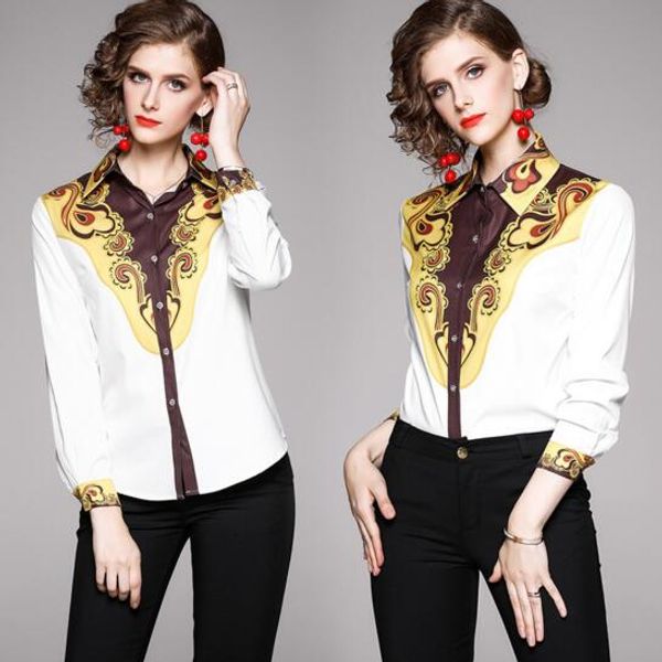 

new lapel fashion retro print long sleeve shirt, White