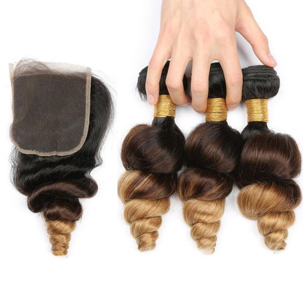 

#1b/4/27 honey blonde ombre 3 bundles with lace closure brazilian loose wave 3 tone ombre weaves virgin hair extensions with closure, Black;brown