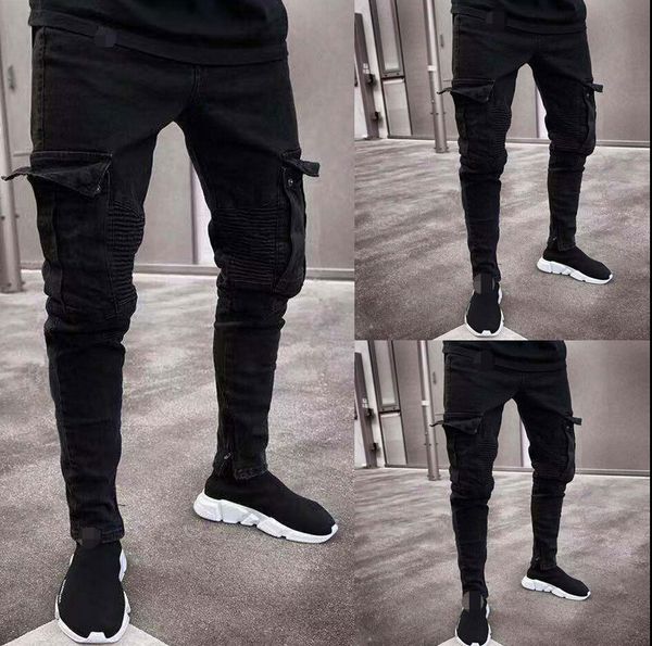 

2019 fashion black jean men denim skinny biker jeans destroyed frayed slim fit pocket cargo pencil pants plus size s-3xl, Blue