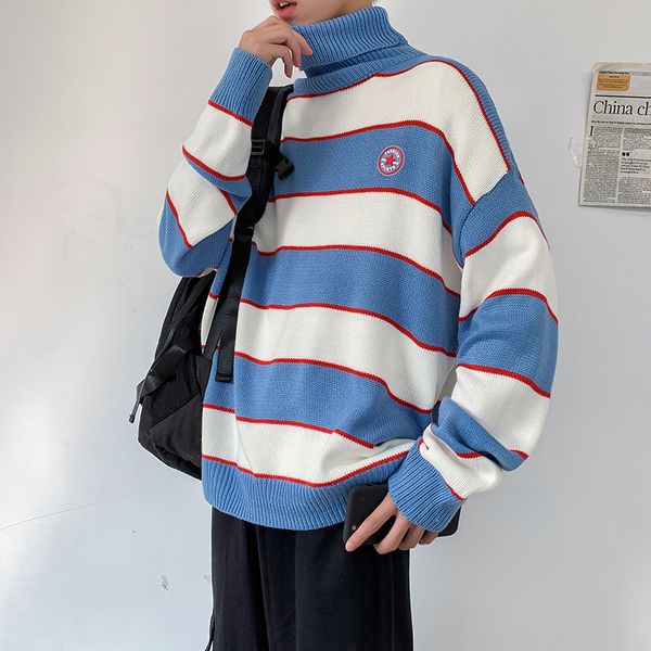 

2019 uyuk winter web celebrity korean version of preppy knit loose men's striped clash color pullover clothes hombre, White;black