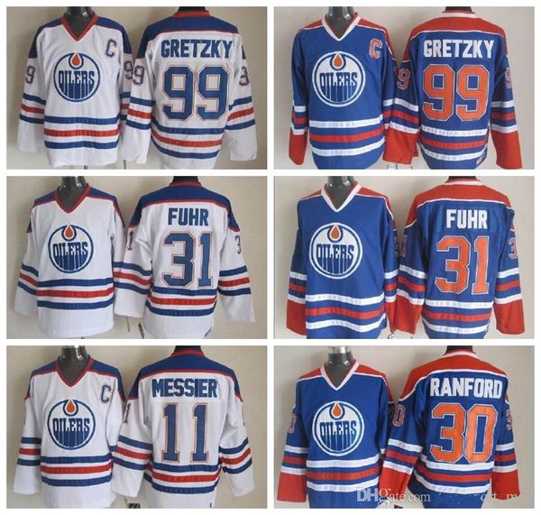 

edmonton 31 grant fuhr jersey 99 wayne gretzky 11 mark messier 30 bill ranford ice hockey jerseys vintage ccm stitched blue white, Black;red