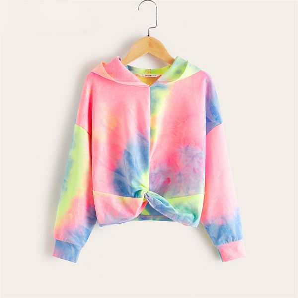 

girls multicolor twist front hooded sweatshirt kids autumn long sleeve tie dye colorblock casual sweatshirts, Black
