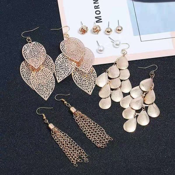 

wholesale-chain tassel dangle earrings sheet metal fringe chandelier ear drops pearl golden knot ear studs six pairs earrings jewelry set, Silver
